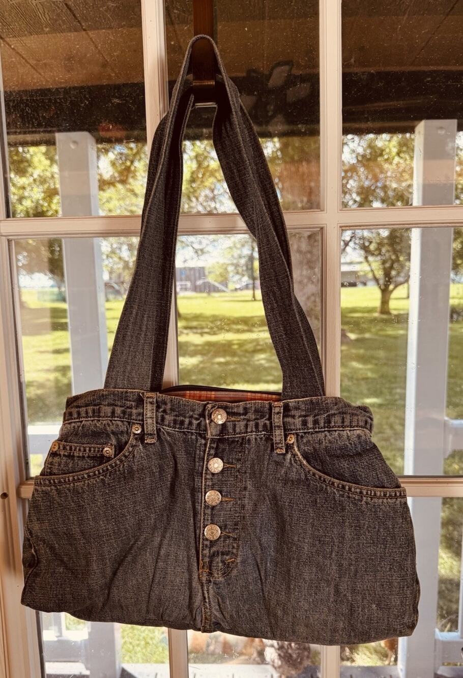 Handmade Recycled, Zena Denim Shoulder Bag Jean Tote Bag Zipper Plaid pocket Vtg